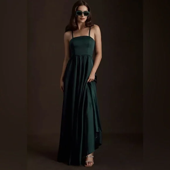 bhldn green satin dress BHLDN Drop-Waist Satin Maxi Dress by BHLDN